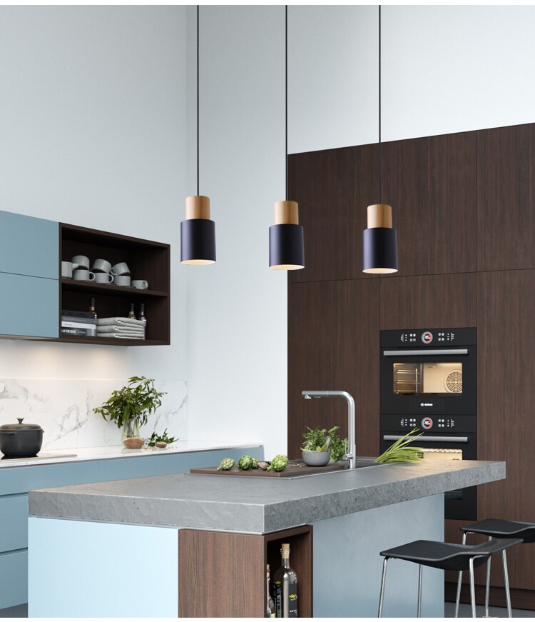Nordisk stil tre pendel moderne belysning svart pendel fargerik aluminiumsarmatur kjøkkenlampe restaurant lys