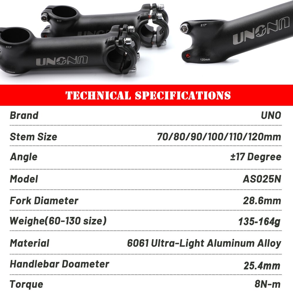 UNO Handlebar MTB Power 17 Degree Bike Handlebar Stem 25.4 Bicycle Parts Handle Bike Stem Off Road 70-120mm Bar Fork Riser