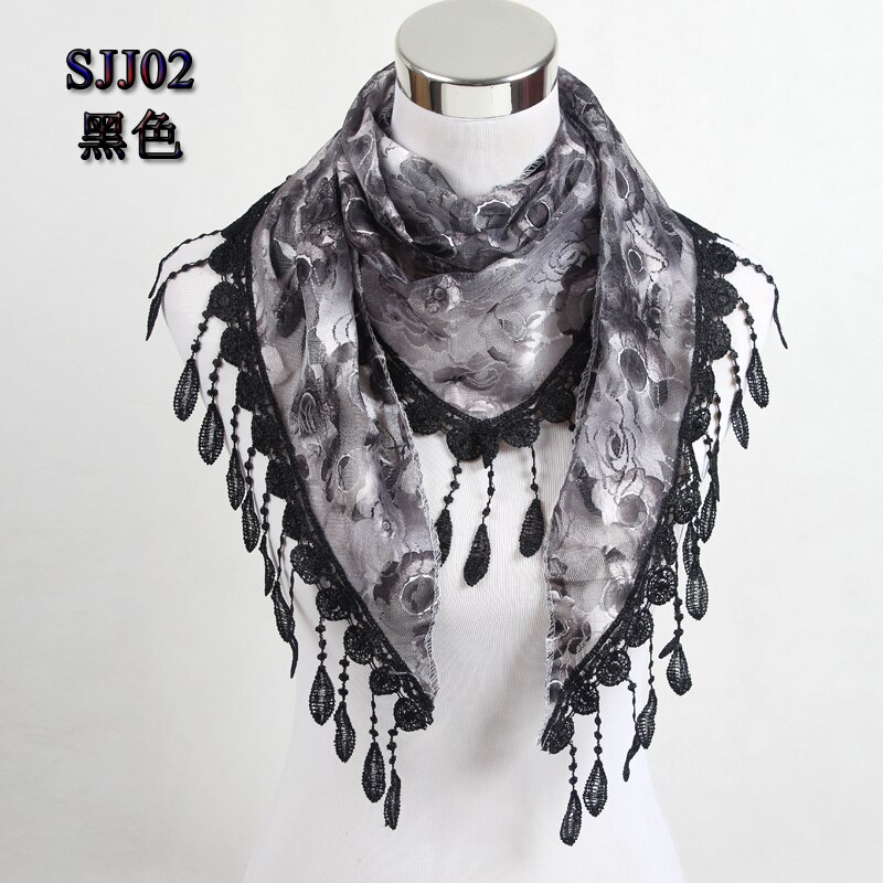 Women Triangle Scarf Lace Floral Summer Beach Tassel Scarves Chiffon Silk Wrap Pashmina Stole Foulard Hijab SJJ02: black