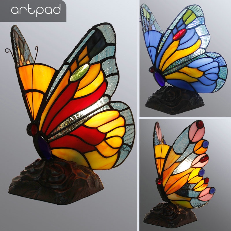 Artpad Stained Glass Tiffany Vlinder Lampen Met Us/Eu Plug In E27 Slaapkamer Bed Led Vlinder Licht Voor Tafel night Armaturen