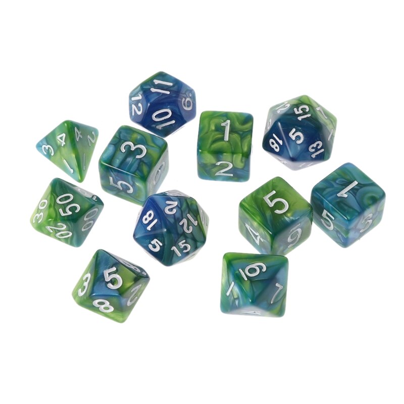 11pz D4 D6 D8 D10 D12 D20 Su dovuto Lati Dadi per Il RPG DND D & D impostato: blu verde