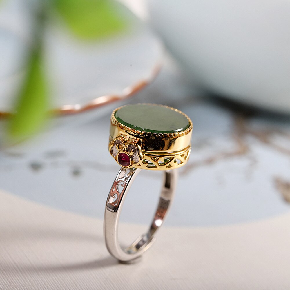 GEEZENCA S925 Silber- Jade Jasper Medaillon Ring Anhänger Jahrgang Luxus Openable Glücklich Ringe Anhänger Schmuck setzt ohne Kette: Ring