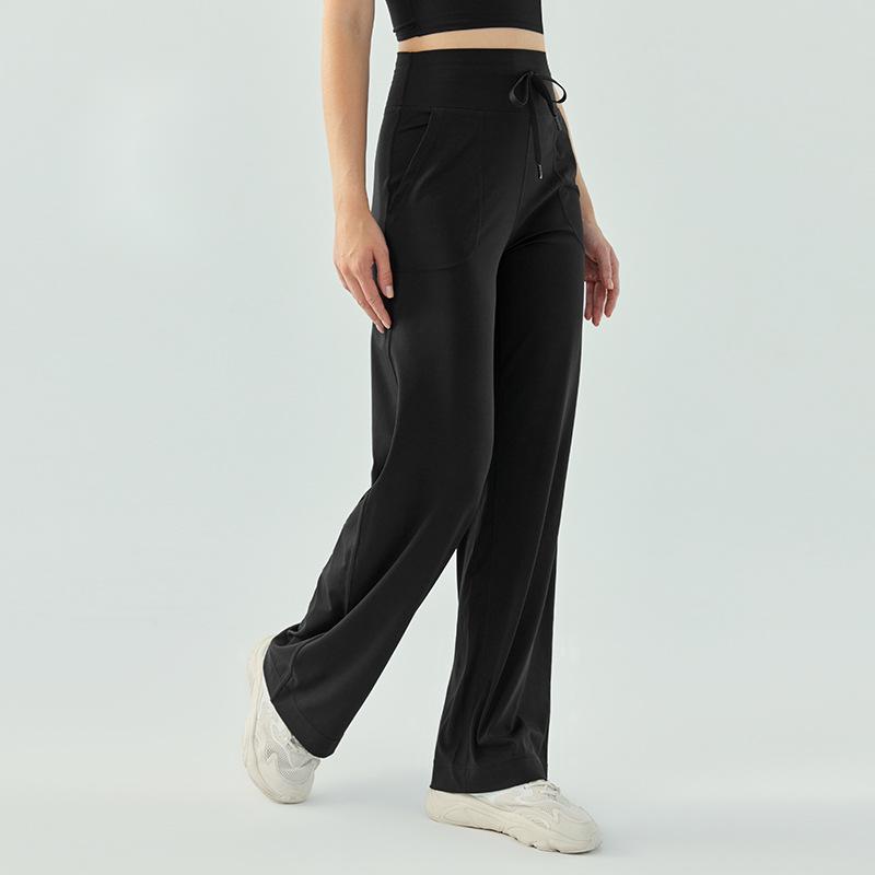 Frauen Hohe Taille Kordelzug Yoga Hosen Lose Breite Bein Einfarbig Fitness Laufen Sport Hosen frau kleidung: L / Black
