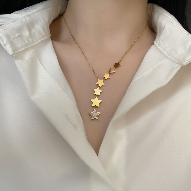 Colgante de acero inoxidable 316L para mujer, joyería fina con incrustaciones de circonita, varias borlas de estrella, cadena, Gargantilla, collares, colgantes