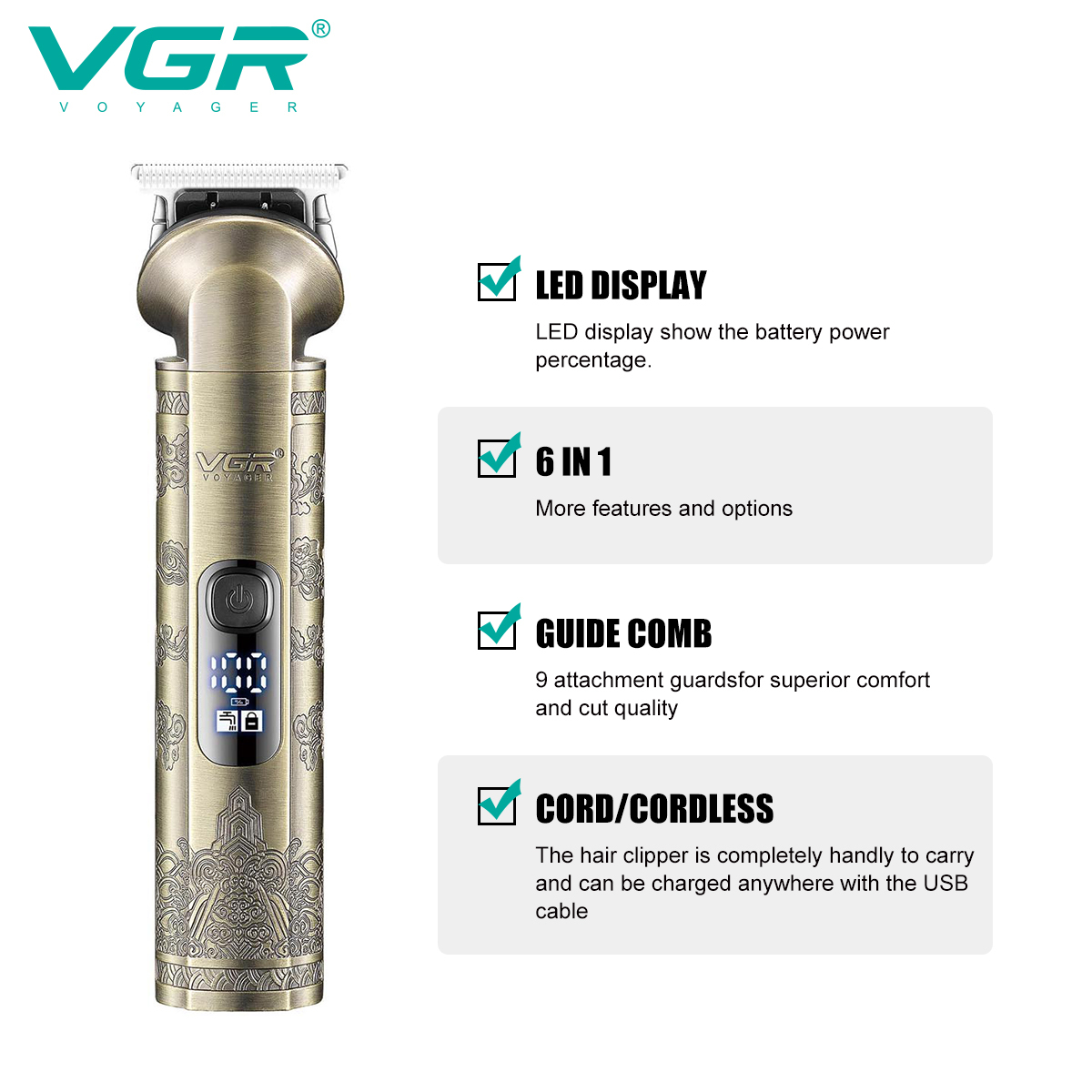 VGR All-in-one Hair Beard Trimmer Men Body Groomer Clipper Electric Shaver Washable Trimer Facial，Nose，Ear，Eyebrow