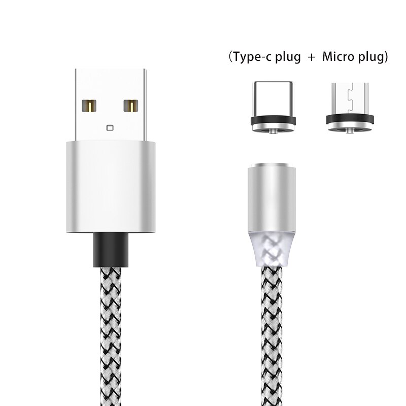 Fast Charging Type C Cable LED 2A Magnet Mini USB Cable Charger Data Mini Micro 2M Mobile Phone for Xiaomi 1M PC Computer: silver with two plug / 2m