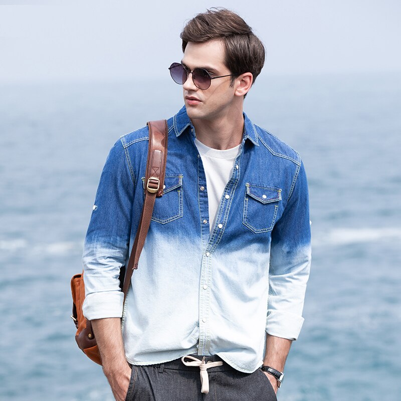 Autumn Men Cotton Denim Shirt Man Brand Long Sleeve Gradient Blue Shirts Male Casual Slim Fit Jeans Clothing