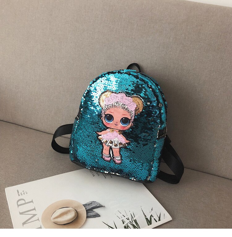 9 Inch Pu Backpack,Sequins Backpack,Cute Girl Print Shoulder Bag,School Bag for Teenager: light blue