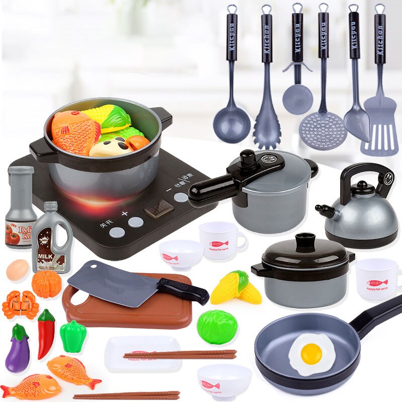 Kids Kitchen Toys for Children Pretend Play Girls Toys Kitchenware Playset Miniature Kitchen Pots Pans Kettle Faked Food