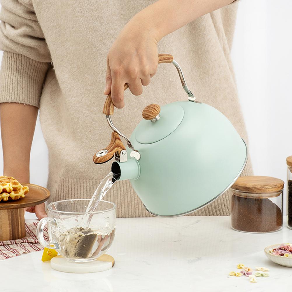 Bouilloire à thé en acier inoxydable 2,5 l, théière à poignée en bois, chaudière à eau classique pour toutes les cuisinières, vert menthe, Beige