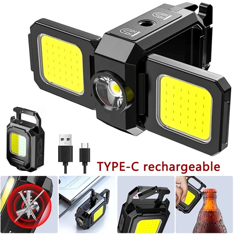 Mini-zaklamp sleutelhangerlicht COB-werklamp USB oplaadbare lamp met 90 ° Opvouwbare zijlichten Superheldere draagbare lantaarns