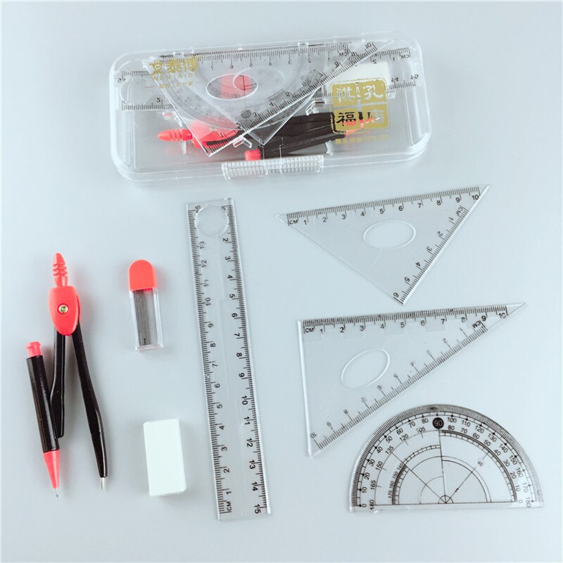 Juego de 7 unids/set de transportador de geometría sólida Simple, borrador escolar de dibujo, brújula, goma de borrar de matemáticas, regla para estudiantes, papelería escolar: Default Title