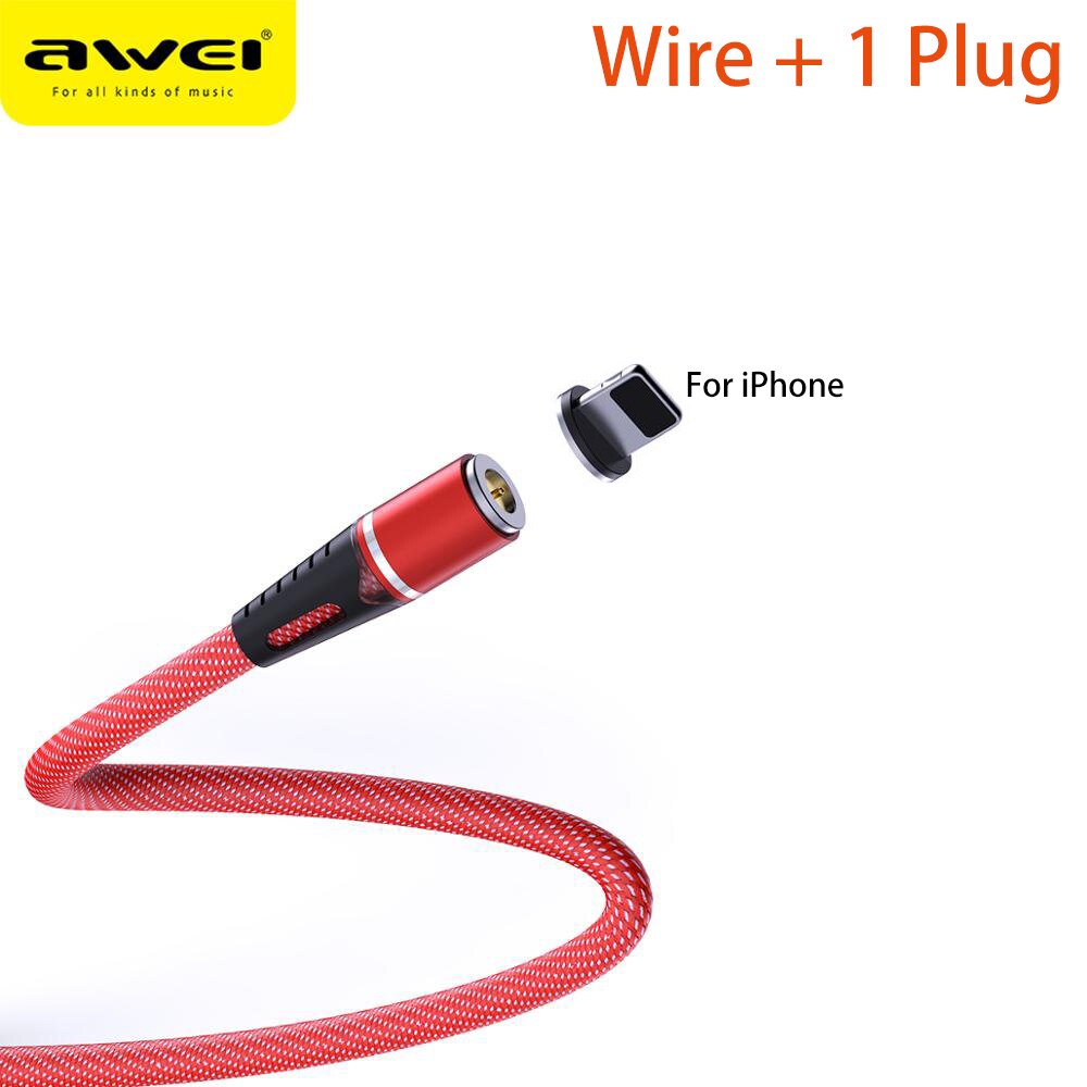 Awei led magnetische kabel 3 in 1 oplaadkabel snel 360 graden type c usb-kabel micro usb magnetische oplader snel voor mobiele telefoon: Rode ios