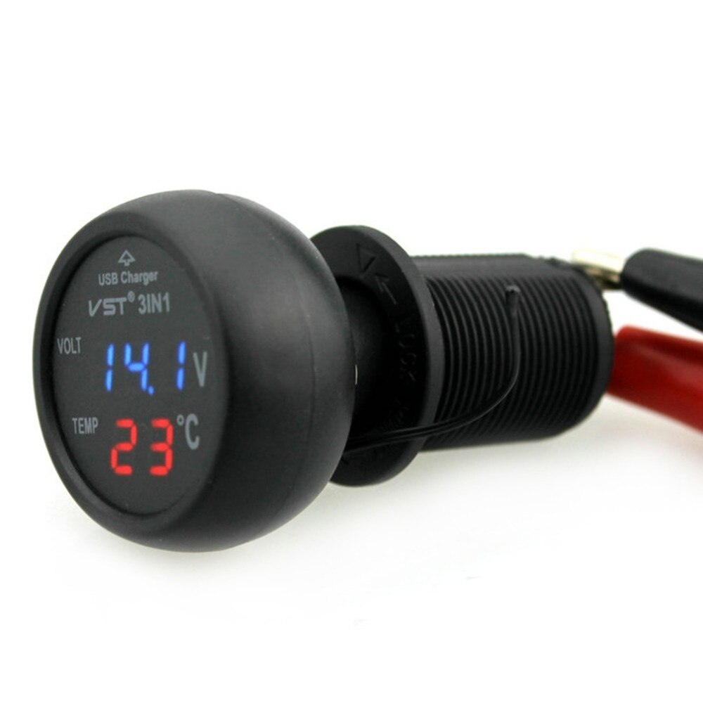 3in1 Car Phone Charger Digital Voltmeter Thermometer 12/24V USB Car Charger