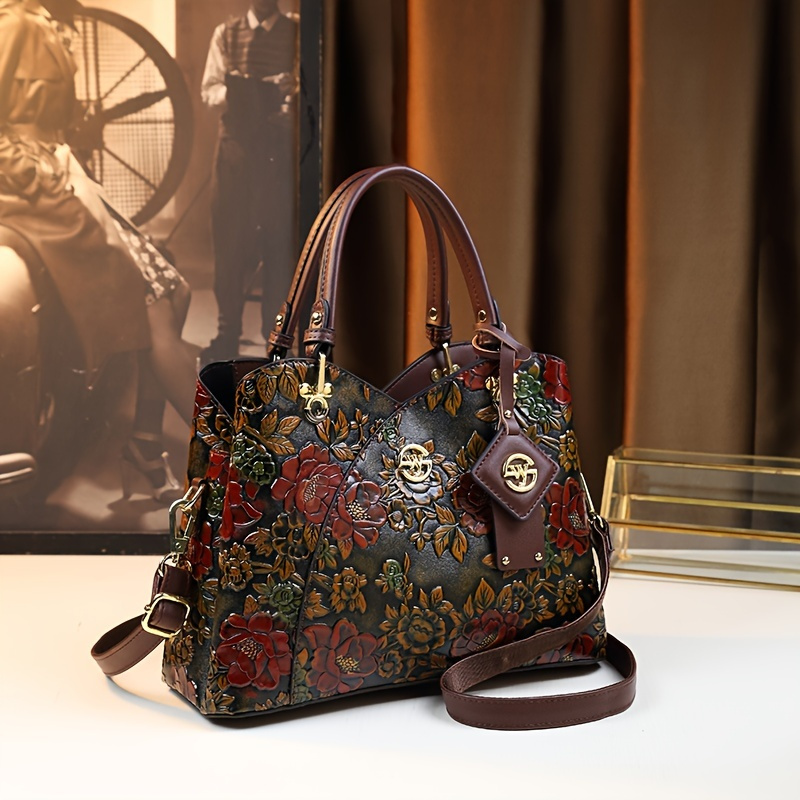 Vintage handtas met bloemenpatroon, luxe PU lederen draagtas, mode crossbody tas voor dames: Default Title