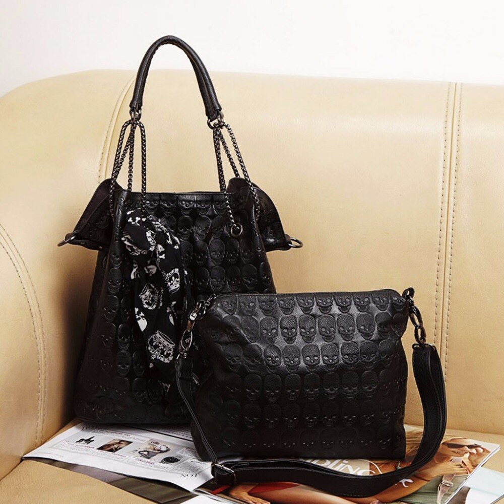 2Pcs Vrouwen Lady Schedel Handtas Schoudertassen Tote Purse Messenger Crossbody Set