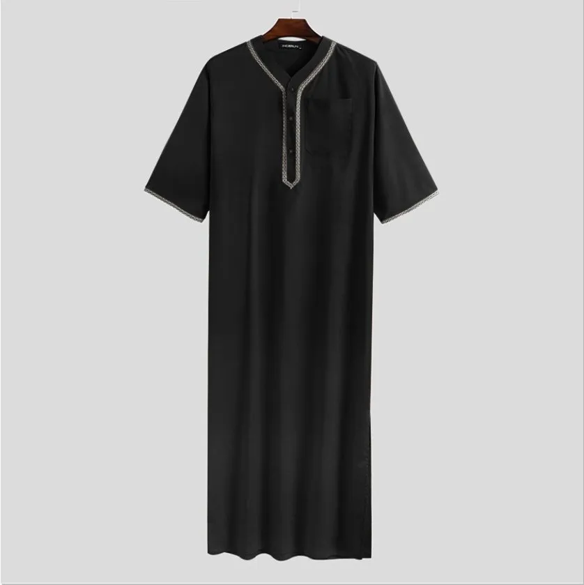 2023 Moslim Mode Mannen Lange Gewaad Effen Losse Knop Kimono Mannen Jubba Thobe Saudi Arabische Kaftan Mannen Shirt Abaya Islamitische kleding: XXL / Black