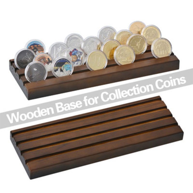 Coin Display Stand Rack Wooden Collector Coin Storage Shelves Coin Holder Case