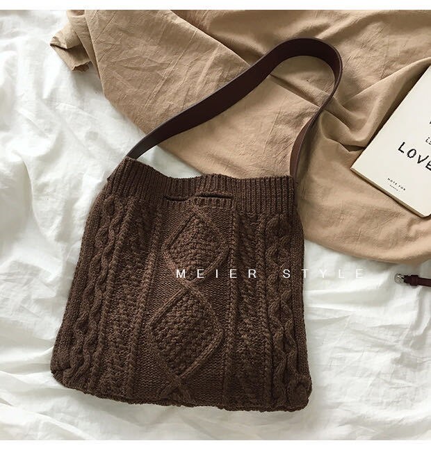 Qiaoduo kobiece wełniane dzianiny warkocz w kratkę torebka nastolatek szydełka moda zimowa szyk retro duża pojemność torba na ramię: kawa