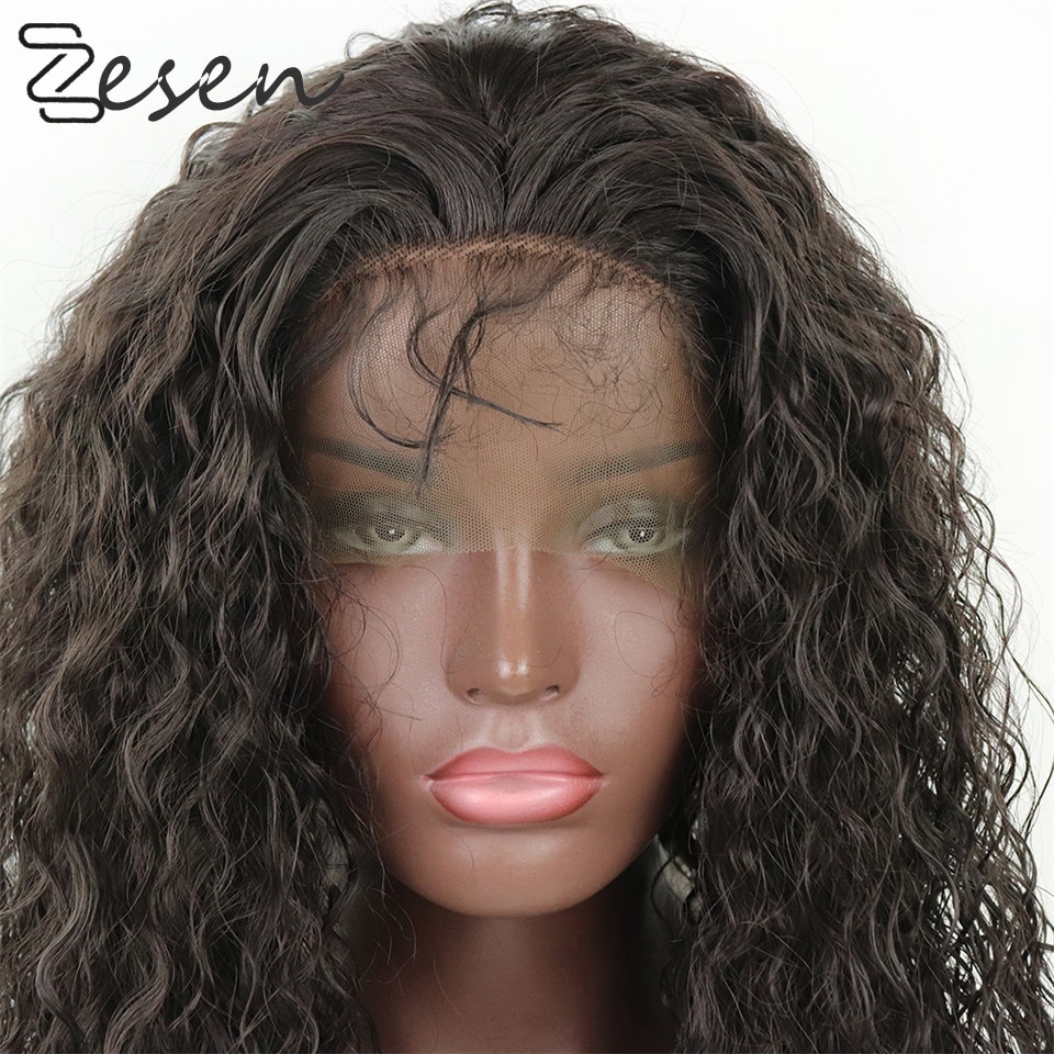 ZESEN13x4Dark-pelucas frontales de encaje sintético para mujer, pelo largo rizado suelto, resistente al pegamento, con línea de pelo Natural