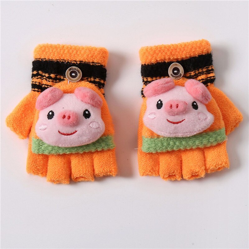 Inverno crianças luvas dobrar metade dedo luvas de lã quente engrossado das crianças de malha meninos meninas luvas: Laranja