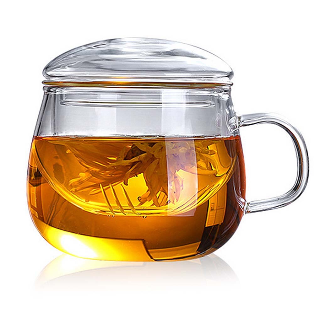 Behogar 12oz Clear Borosilicate Glass Teacup Cups Kettle Mini Teapot with Infuser Basket and Lid for Loose Tea Leaf Brewing: Round