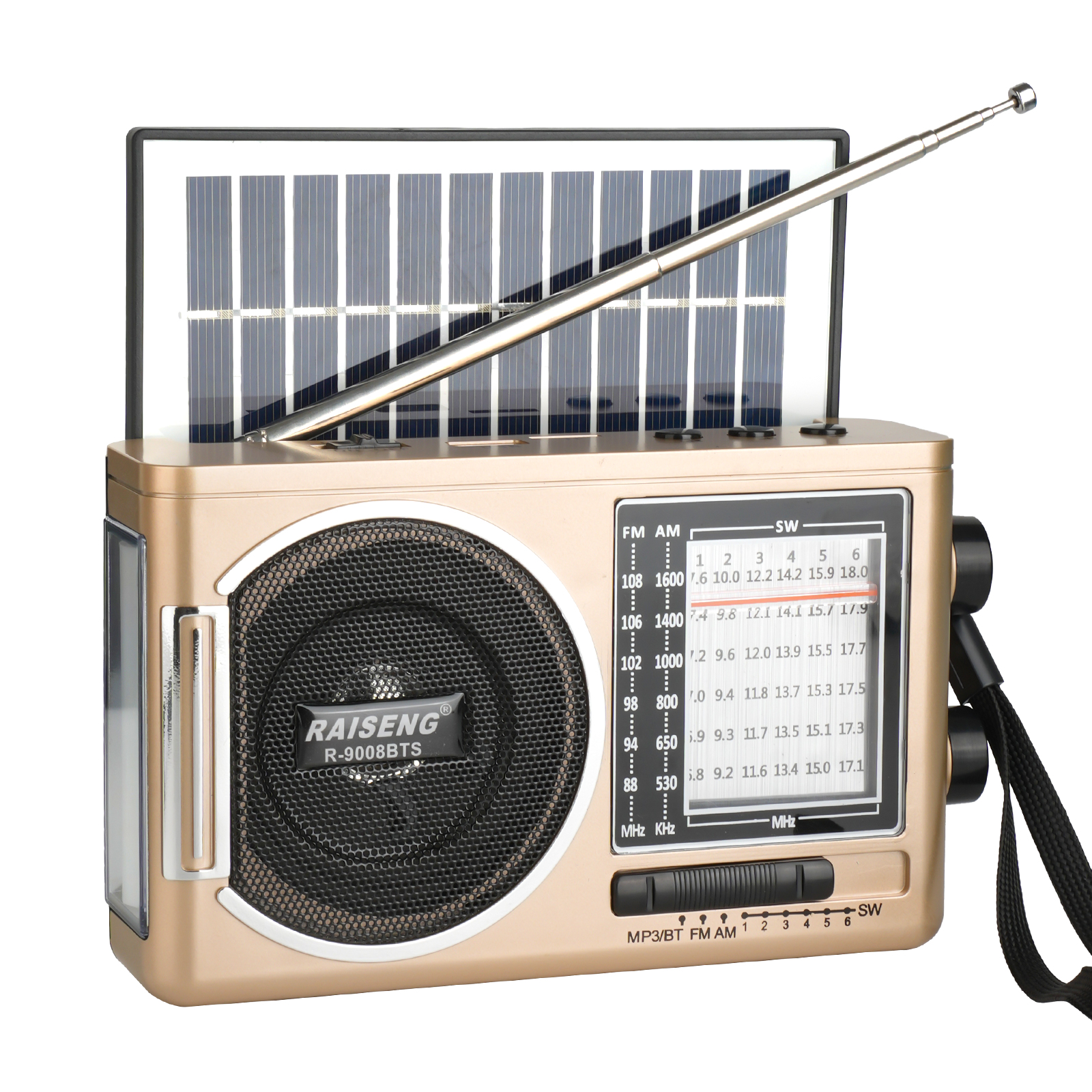 9008BTS classic solar radio, AM/FM speaker, USB/TF card interface, 3 charging methods, suitable for outdoor activities: Golden