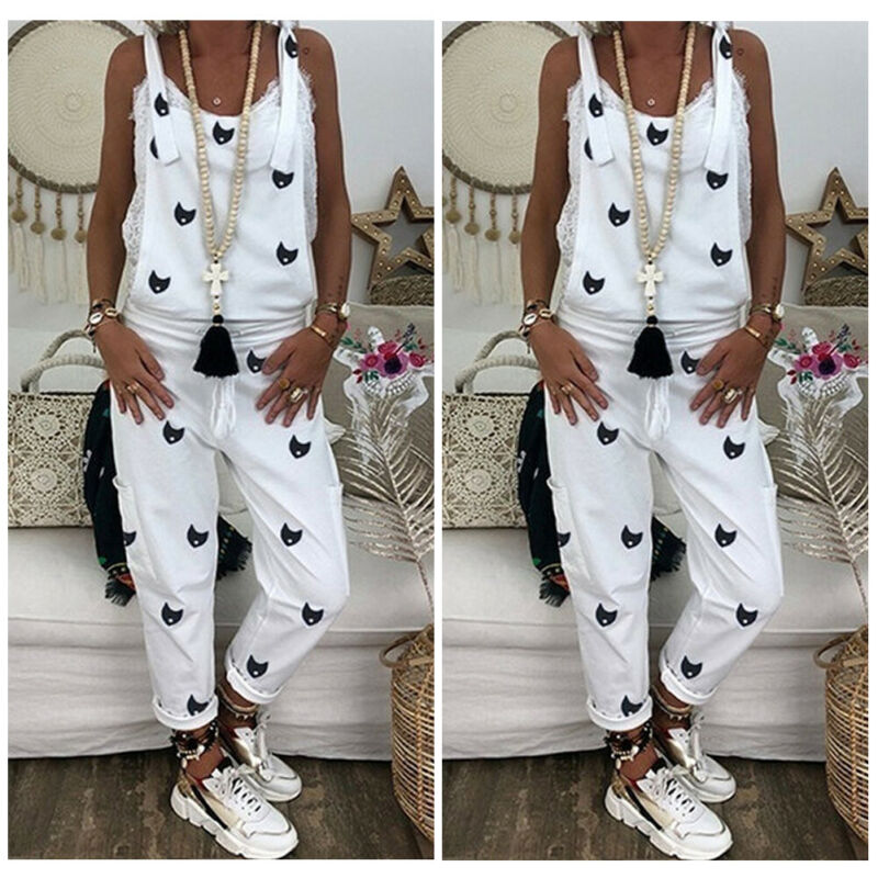 3 farver seneste ankomne kvinders afslappet printet strappy baggy løs jumpsuit kvindelig sommer ærmeløs harem lang playsuit s -2xl
