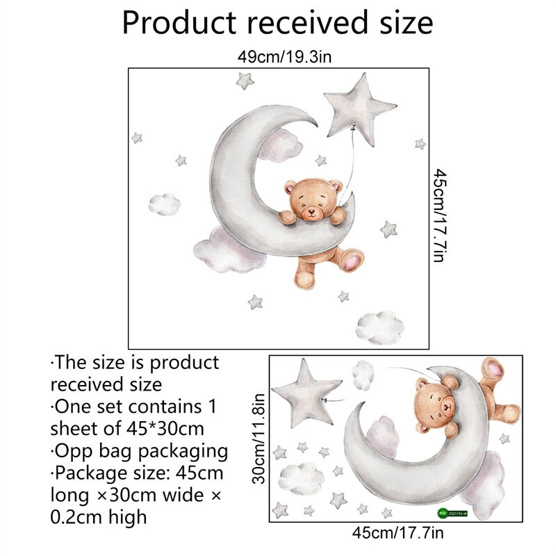 Cartoon Teddy Bear Sleeping on The Moon and Stars Wall Stickers for Kids BedRoom Baby Room Decoration Wall Decals Room Interior: Pattern 2
