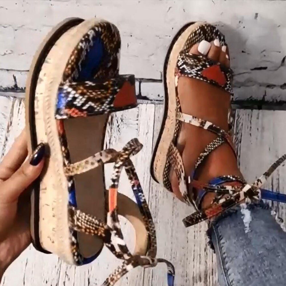 Sommer kvinder slange sandaler platform hæle tværbånd ankelblonder kigge tå strand fest damesko zapatos de mujer