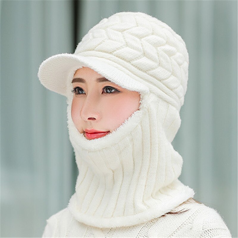 Double-Use Women Warm Knitted Hat Scarf Hooded Collar Elastic Winter All-Match Adult Teen Thick Soft Neck Warmer Female Caps: WHITE
