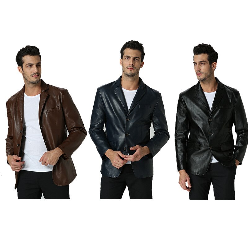 Brun imiteret læder blazer casual business pu læder slim fit plus size jakkesæt til drenge langærmet mandlig jakkesæt blazer