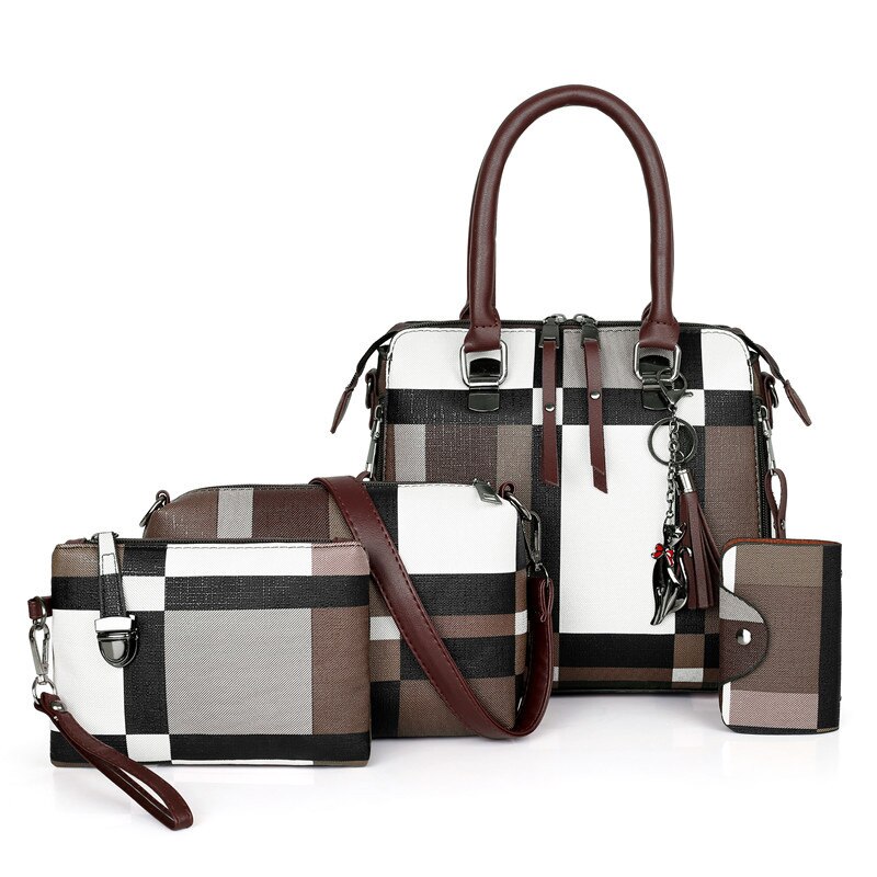 SMOOZA 4-Piece Plaid Handbag Set for Women - Luxury Shoulder Bags with Tassel & Zipper Closure: Brown