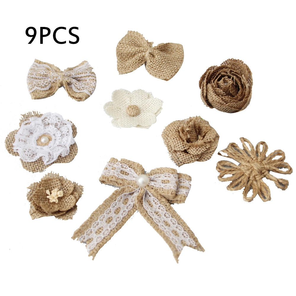 Flor de arpillera de yute hecha a mano, accesorios de ropa DIY, suministros Vintage de boda, decoración de flores, , 9 Uds.