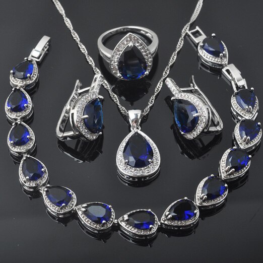 Blauwe Stenen Water Zilveren Kleur Sieraden Sets Armband Voor Vrouwen Bruiloft Ketting Hanger Oorbellen Ring QS0355: 9