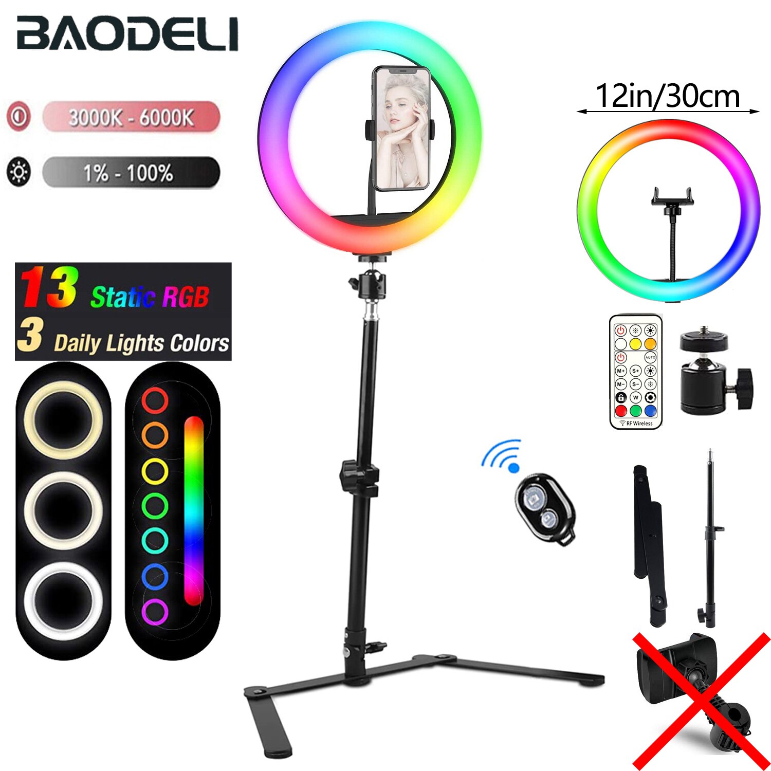 Anneau lumineux Led RGB avec trépied et support de téléphone, éclairage annulaire de Table pour Selfie, lampe de remplissage pour photographie, vidéo, vidéo, vidéo live: 12in without clips