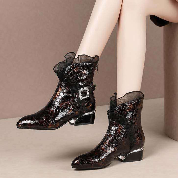 Bottes courtes en cuir verni pour femme, bottes thermiques pointues à talon épais, tube moyen, style, automne hiver
