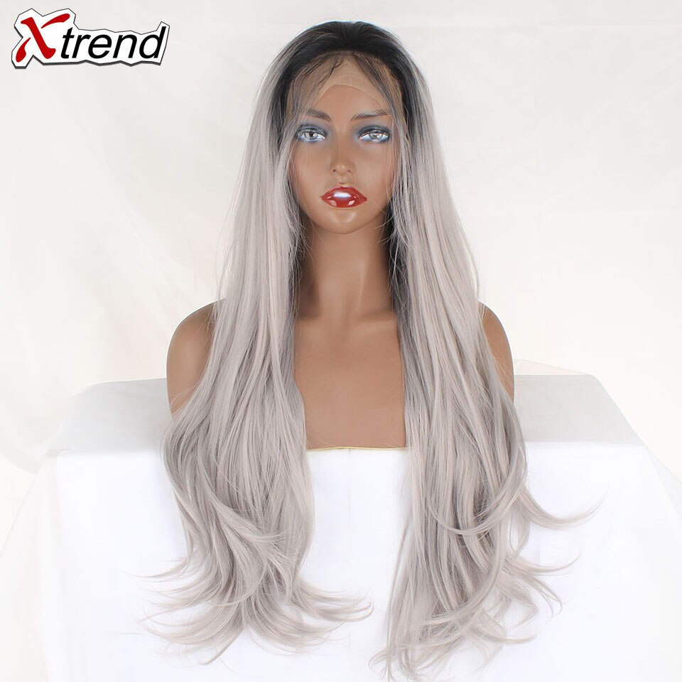 Xtrend syntetisk blonde front paryk lang pink kobber rød lilla orange ombre grå blond hvid parykker til kvinder bølge hår kvinde: Ombre