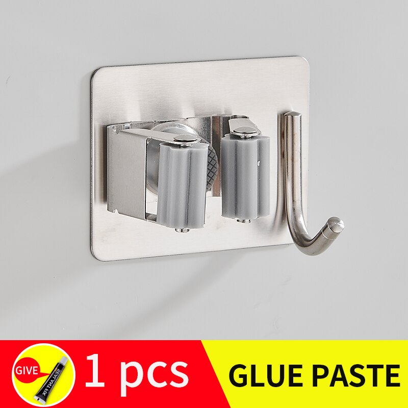 Salon balai et serpillère support inox robe crochets installation sans vis noir salle de bain étagères parapluie étagère de rangement: silver-1pcs