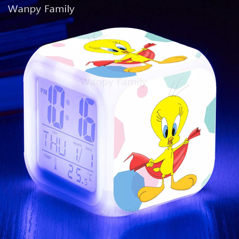Very Lovely Tweety Alarm Clock 7 Color Glowing LED Multifunctio Digital Alarm Clock Big screen Touch Sensing Flash Watches Clock: Purple 