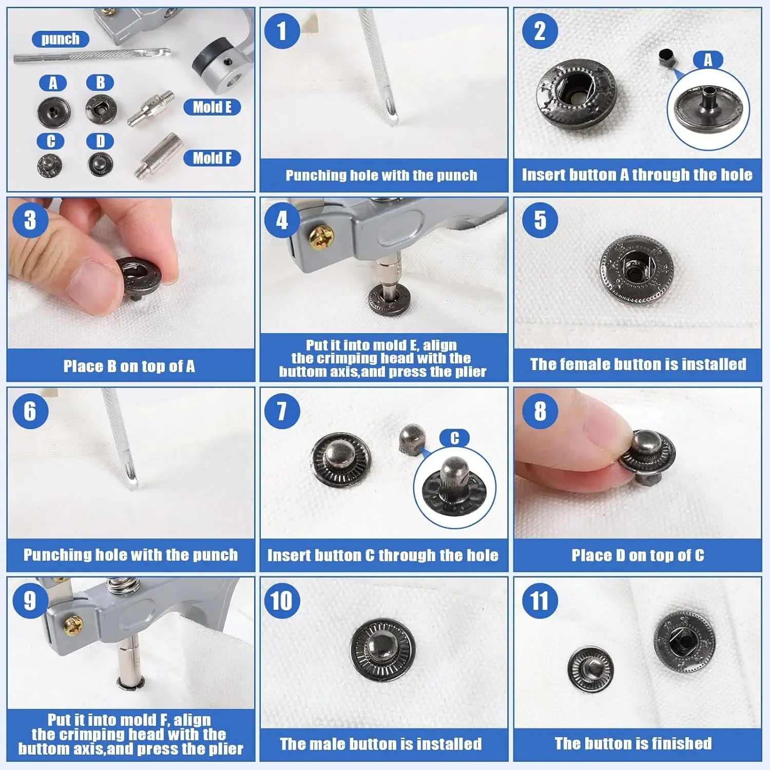 40 jeux de boutons-pression en métal avec pince, bouton de couture, Kit de fixation à pression épais, bricolage artisanal pour l'installation de vêtements à coudre