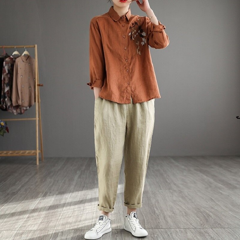 Ropa de estilo chino para mujer, blusa con bordado Floral, camisa de manga larga Lisa Vintage para mujer, Blusas de algodón, Túnica KK4413