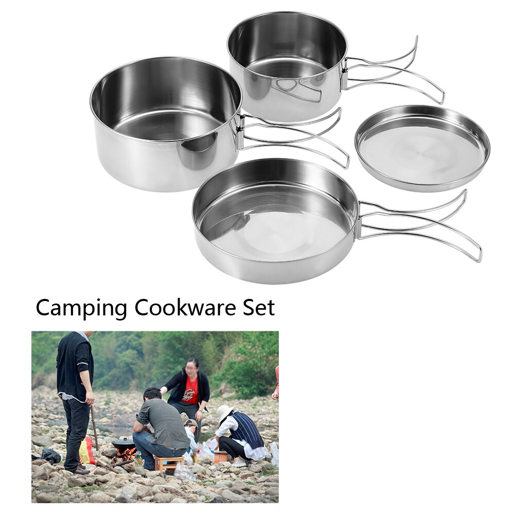 4 stk bærbart rustfrit stål køkkengrej sæt camping picnic udendørs gryde gryde plade bordservice foldbart håndtag multifunktions kogegrej