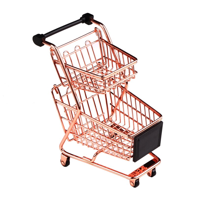 Mini Double Layers Shopping Cart Model Wrought Iron Supermarket Trolley Metal Rose Gold Storage Basket