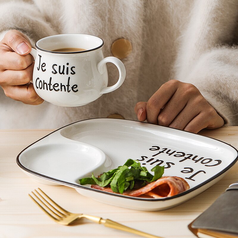 Ensemble de petit déjeuner en porcelaine, tasse à lait, grille divisée, pâtes, assiette à Dessert, bol de petit déjeuner, couvercle en bois, tasse d'eau, vaisselle