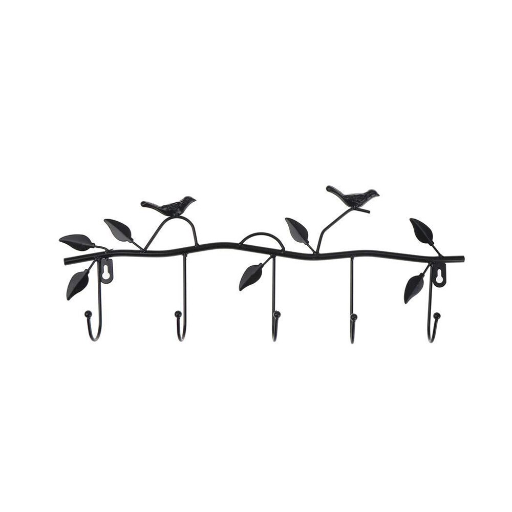 Retro smeedijzeren vogelhaak met 5 haken, blad, wandkleedhaak, sleutelhouder, kapstok, woondecoratie: Zwart