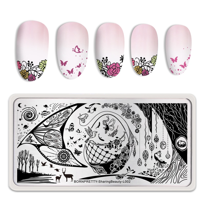 Geboren Pretty Nail Stempelen Plaat Rechthoek Boom Maan Ster Afbeelding Rvs Nail Art Sjablonen Gereedschap