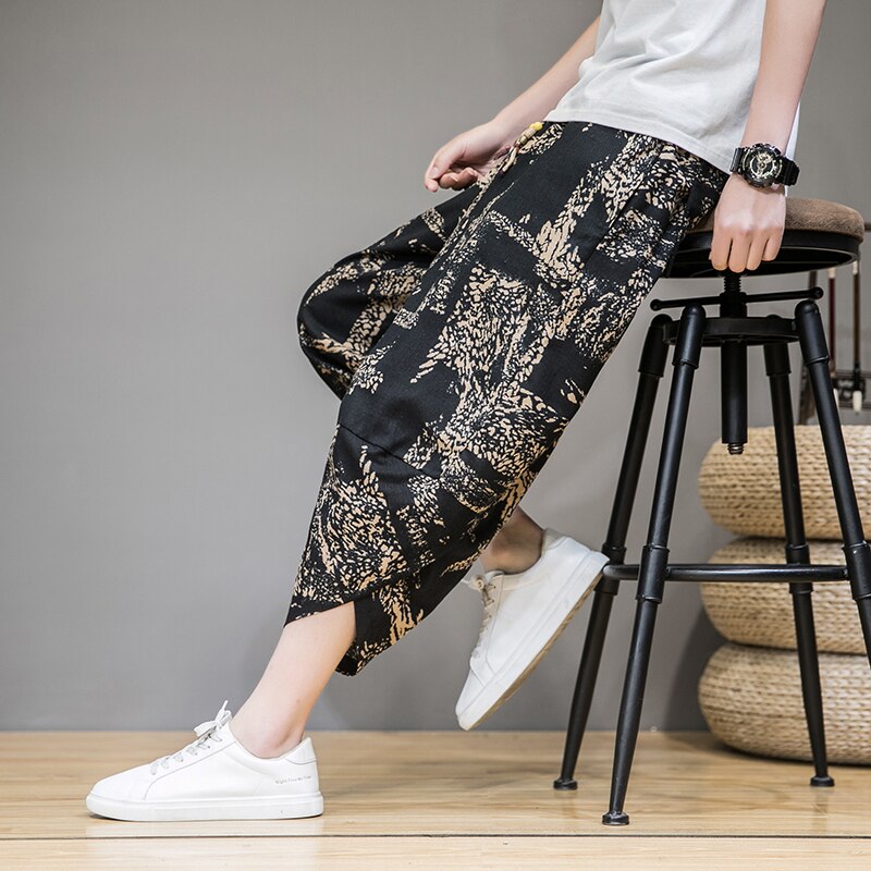 Homme pantalon hommes Large entrejambe sarouel ample grand pantacourt Large jambes Bloomers Style coréen imprimé Baggy Streetwear: Chinese Size XXXL / Khaki