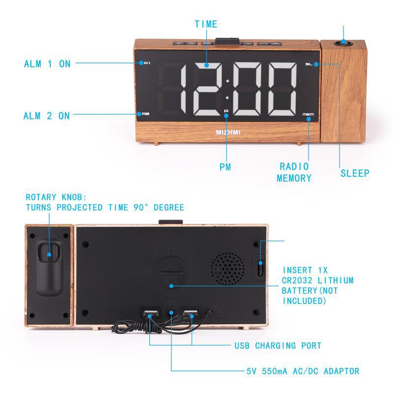 Projektion väckarklocka fm radio led display digital skrivbordsklocka 180 graders justerbar projektor snooze elektroniska dubbla larm