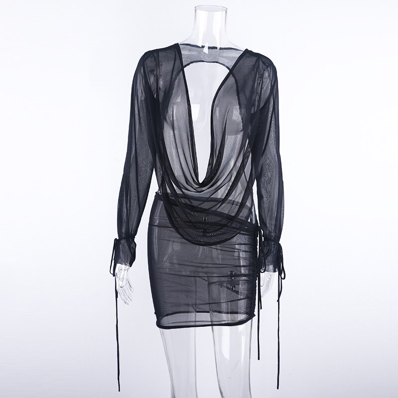 OMSJ Club Streetwear 2 Stück Set Tiefem V-ausschnitt Langarm Backless Tops + Kordelzug Mini Rock Mesh Lace Up strand Anzüge
